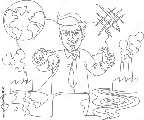Businessman causing significant global environmental damage through industrial pollution while controlling the planet with a malicious and greedy expression in continuous line art drawing