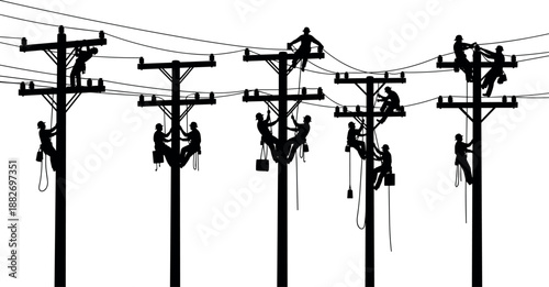 Silhouette Illustration of Utility Linemen Working on Electrical Power Poles and High Voltage Cables for Energy Infrastructure Maintenance and Repair Services
