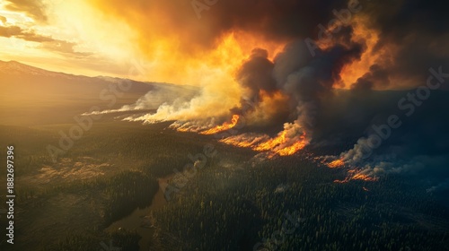 Aerial view of extensive wildfire front advancing through drought-stricken forest, massive smoke plumes forming pyrocumulus clouds, visible carbon emissions rising into stratosphere, distant healthy