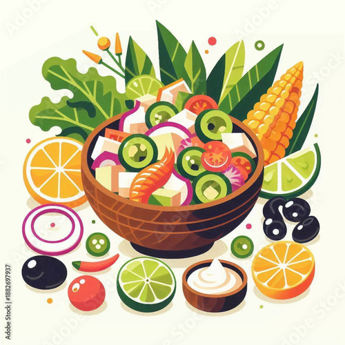 Fresh Salad Bowl with Colorful Ingredients and Ingredients Spread Out