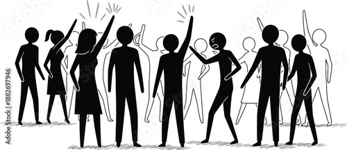 Simple black and white stick figure crowd illustration showing protest demonstration or passionate group cheering with raised arms and some conflict