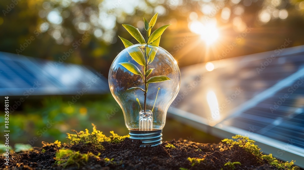Fototapeta premium Macro photography of transparent lightbulb terrarium with young sapling emerging from dark soil base, filament transformed into irrigation system, sunlight creating rainbow refraction through glass,