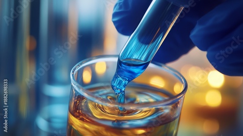 Wallpaper Mural Extreme close-up of gloved hand pouring vibrant blue liquid from glass dropper into clear test tube, chemical creating swirling reaction with amber solution, laboratory equipment visible in Torontodigital.ca