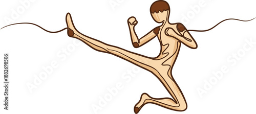 Abstract wooden figure executing a dynamic sidekick mid-air with clenched fists ready for martial arts combat or acrobatic display