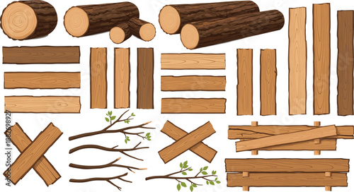 Wood Log and Plank Illustration Set Featuring Timber Boards, Tree Branches, and Natural Wooden Elements for Construction, Nature Design, and Game Assets