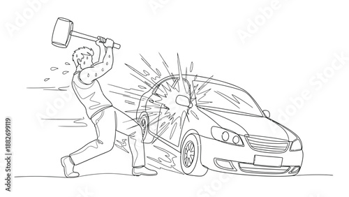 Aggressive man swinging a large rubber mallet down forcefully upon a parked automobile in a moment of intense frustration or destruction illustration