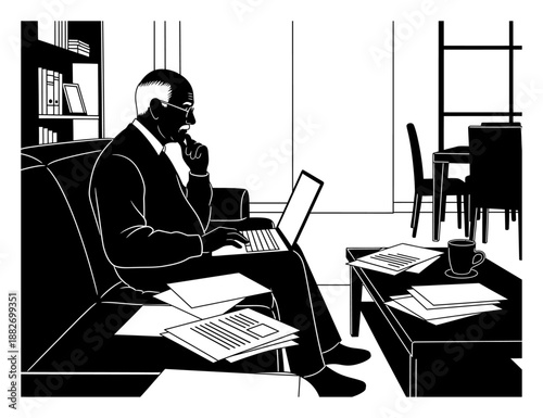 Retirement Planning - Senior Man with Finances & Laptop