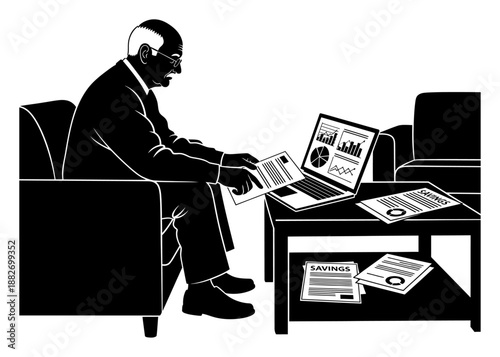 Retirement Planning - Senior Man with Finances & Laptop