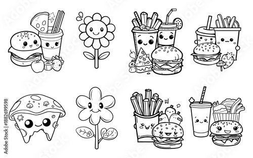 Cute Kawaii Food and Flowers Coloring Pages