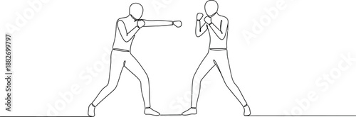 Minimalist continuous line drawing of two boxers engaging in a sparring match showing defensive and offensive fighting stances against a white background
