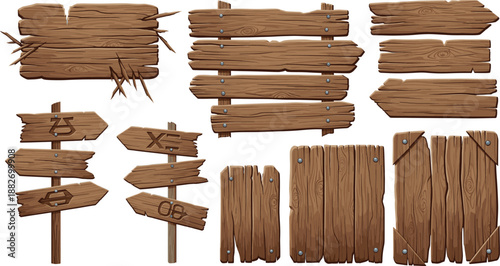 Rustic Wooden Signboard and Plank Collection Featuring Arrow Signs, Old Boards, and Nailed Wood Panels for Vintage, Game, and Outdoor Design
