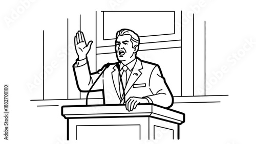 A black and white line drawing of a man in a suit speaking passionately at a podium with a microphone, raising his hand.