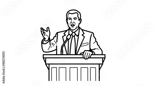 Line drawing of a man in a suit speaking at a podium with a microphone, gesturing with one hand.