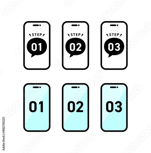 ごく小さな角丸の長方形と上部のスピーカー穴で構成された線画のスマートフォンフレーム内に黒い吹き出しと「STEP」文字、およびシアンブルーの光沢画面に数字を配置したアプリ操作手順と登録フロー説明用UIアイコンセット