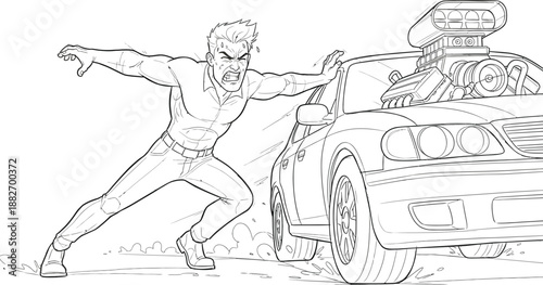 Intense line art drawing depicting a muscular man struggling heroically to stop a speeding classic muscle car with a massive engine protruding through the hood.