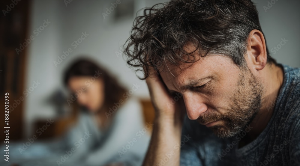 Obraz premium A distressed man sits with his head in his hand, indicating emotional turmoil, while a woman appears in the background, suggesting tension in their relationship.