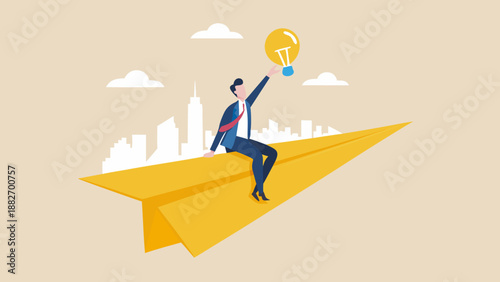 Businessman riding on a giant paper airplane with a city skyline in the background holding a glowing lightbulb with innovation and success and growth