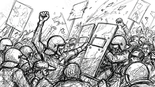 Sketch of a chaotic political demonstration showing riot police clashing directly with angry protesters holding signs and raising fists in conflict.
