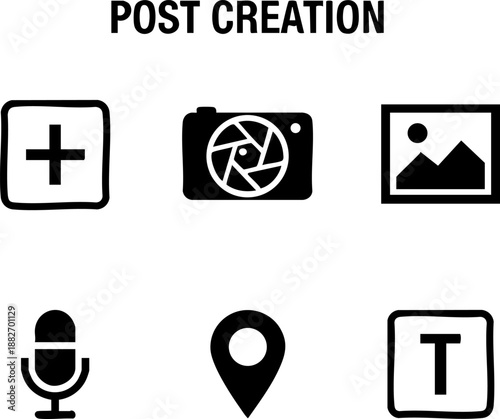 Set of 6 Minimal Post Creation Icons Isolated White Background New Post Camera Location