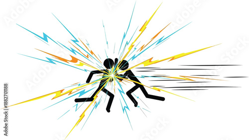 Two stylized black stick figure characters collide forcefully creating a bright energetic explosion of yellow and blue lightning sparks in dynamic motion.