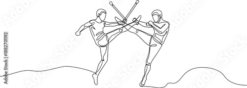 Minimalist continuous line drawing depicts two martial artists executing a synchronized high kick maneuver while expertly holding traditional crossed fighting sticks above their heads.
