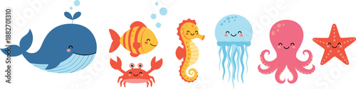 Cute Sea Animals Cartoon Vector Set with Whale, Fish, Crab, Seahorse, Jellyfish, Octopus, and Starfish for Kids Designs