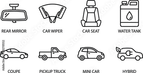 Car parts and vehicle type icon set showing rear mirror wiper car seat water tank coupe pickup truck mini car and hybrid automobile symbols