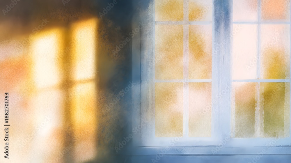 Fototapeta premium Cozy home window illustration warm light reflections soft shapes evoke inviting peaceful editorial style design