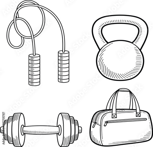 Gym fitness equipment set with dumbbell, kettlebell, skipping rope and sports bag vector illustration