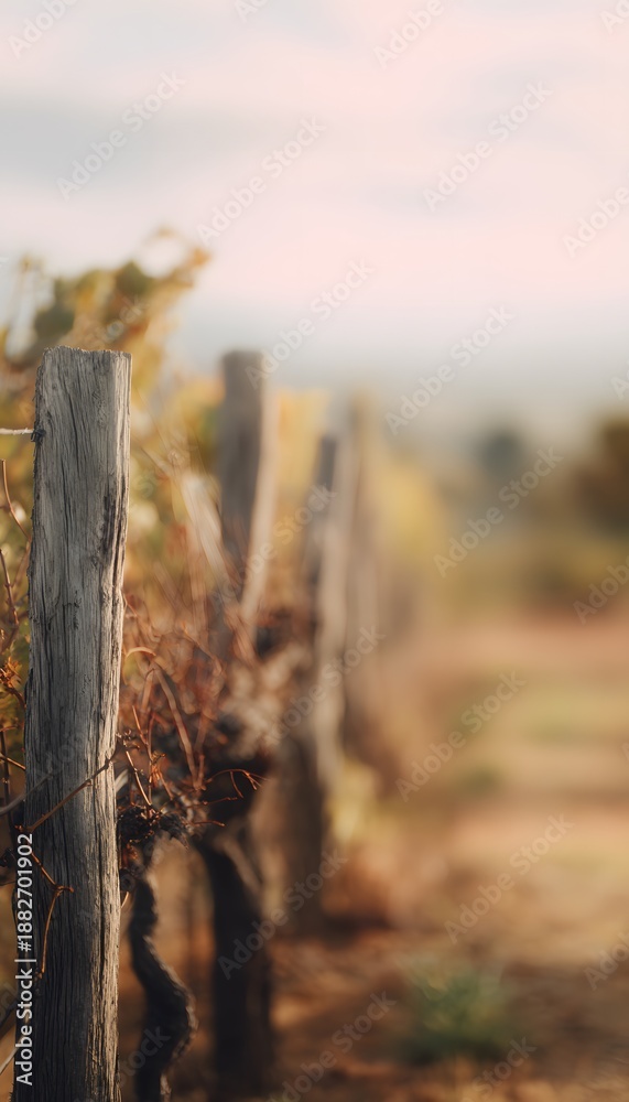 Naklejka premium Rustic vineyard landscape evokes quiet charm bathed in soft warm earthy light bokeh rows