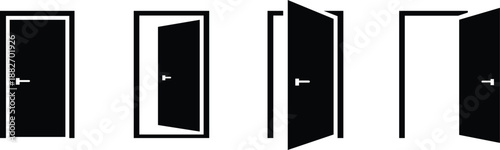Open and Closed Door Icons Vector Set Minimal Black Entrance Exit Symbols