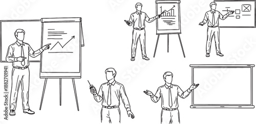 Set of black and white line art illustrations depicting a businessman giving various presentations using flip charts, whiteboards, and pointers.