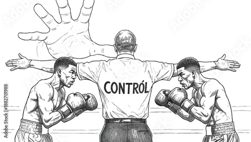 Referee with the word control on his back separates two tense boxers in a ring illustrating regulation and intervention in competition