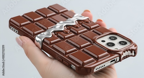 Novelty chocolate bar phone case featuring realistic segmented design and melted silver accent held securely in a person's hand offering a unique accessory look