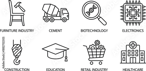 Black And White Vector Icon Set Representing Furniture Industry Cement Construction Biotechnology Electronics Education Retail And Healthcare For Corporate Business Infographic Design Projects