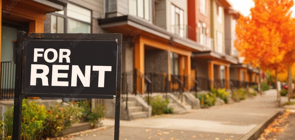 Obraz premium The For Rent Sign Outside a Row of Modern Townhouses on an Autumn Street