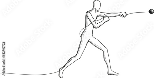 Minimalist continuous line drawing depicts an athlete performing the ancient sport of hammer throw with dynamic motion captured simply.