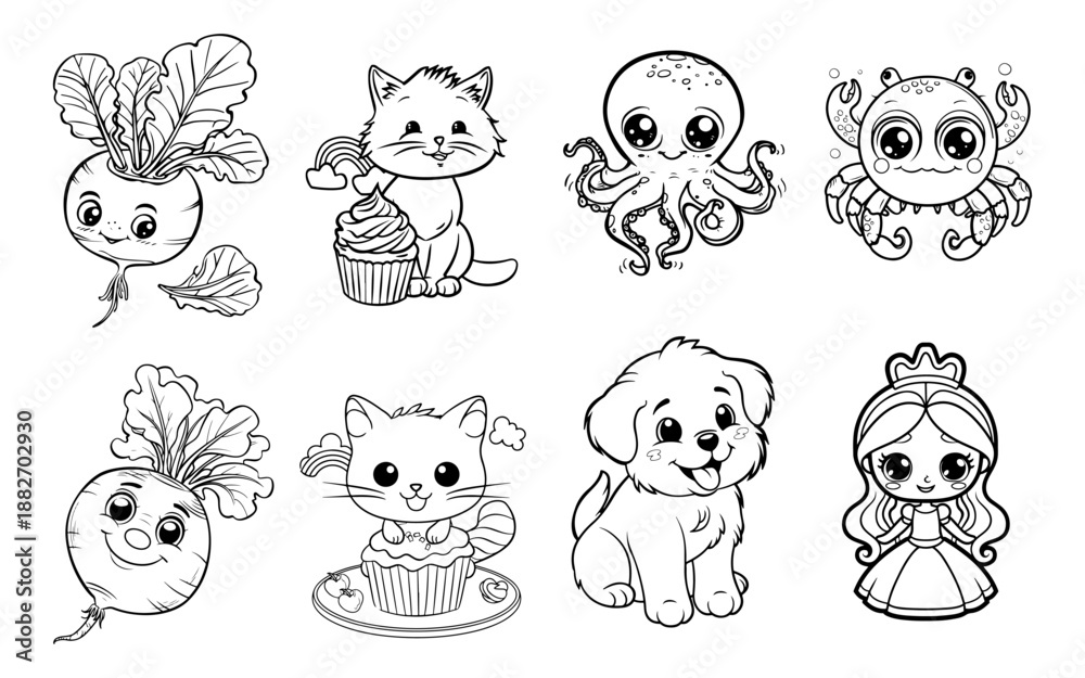 Obraz premium Cute Kawaii Animals and Food Coloring Pages Set