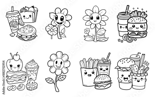 Kawaii Food and Flowers Coloring Pages