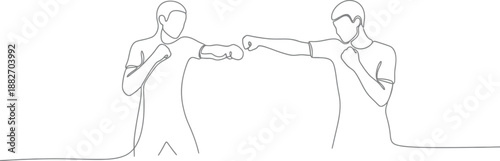 Continuous line drawing depicts two athletic men engaging in a fist bump symbolizing partnership mutual respect and friendly competitive spirit in minimal vector art.