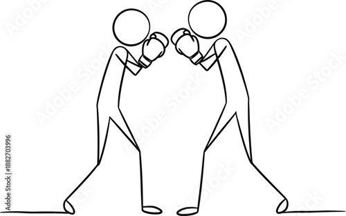 Simple black and white line drawing illustration depicting two stick figure boxers facing off in a boxing stance ready to fight or compete.