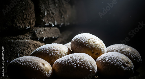 A close-up shot of several light-brown potatoes covered in a light dusting, set against a dark background, near a brick wall