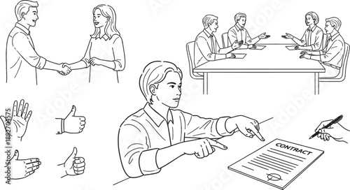 Various illustrations depicting business interactions, including handshakes, meetings, contract signing, and different hand gestures.