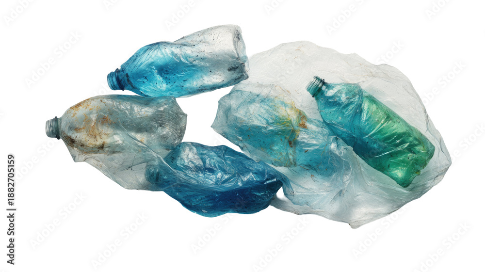 Fototapeta premium Discarded plastic bottles and bags ocean pollution environmental waste recycling trash accumulation isolated on white background
