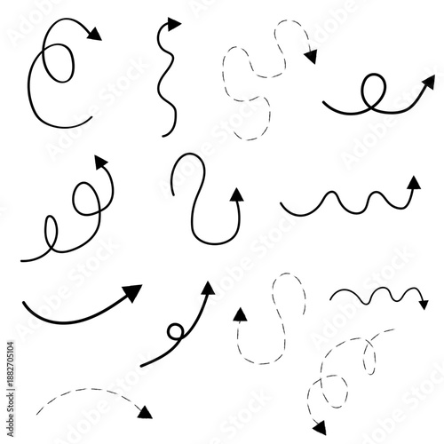 Set of various curved and dashed arrows on a white background, illustrating direction and movement for design and infographics