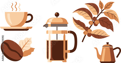 A charming flat design collection of coffee essentials, showcasing a steaming cup, fresh beans, a branch, brewing equipment, and a pot for hot beverages