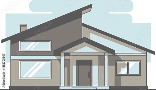 Contemporary Residential House Illustrated in Flat Vector Style, Featuring Modern Architectural Design with an Asymmetrical Roof, Perfect for Real Estate and Housing Development Visuals