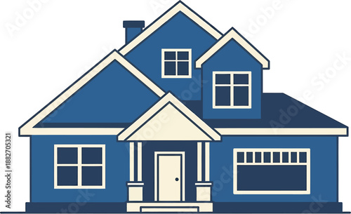 Vector illustration of a modern blue single-family residence, symbolizing comfort, homeownership, real estate development, and the dream of a private dwelling with inviting architecture