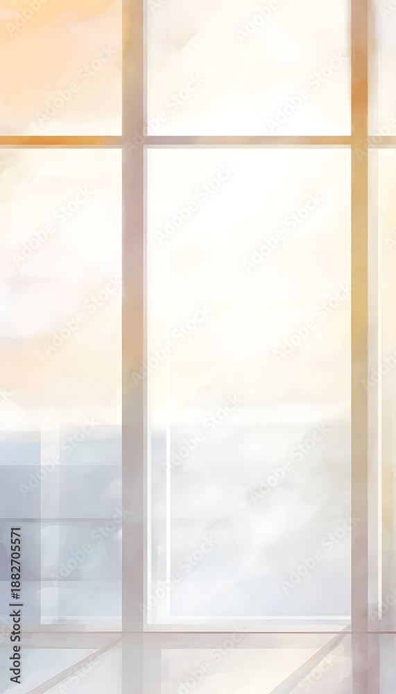 Fototapeta premium Serene office windows reveal a summer landscape soft watercolor illustration evokes calm workspace design