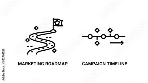 Marketing Roadmap and Campaign Timeline Icons for Strategic Project Planning and Brand Promotion Schedules